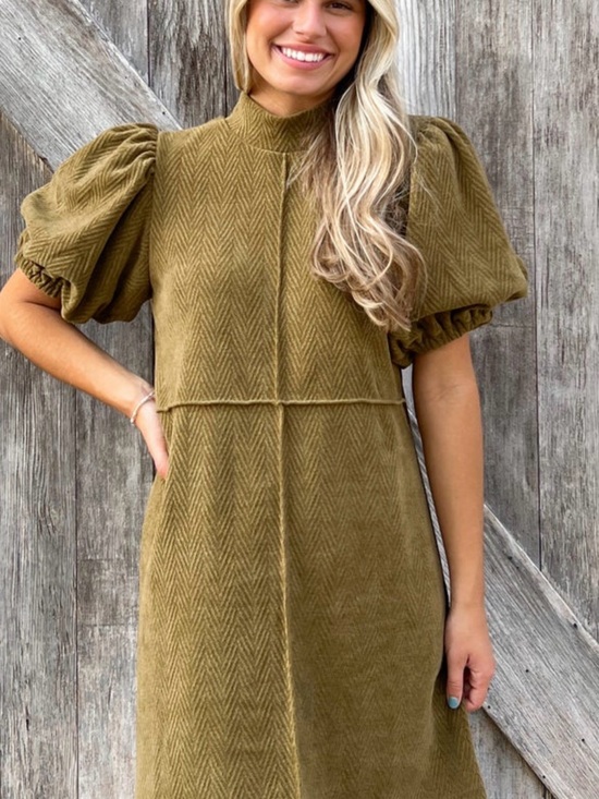 THML Dresses & Skirts - NWT-THML-Olive Puff-Sleeve High-Neck Dress-Med